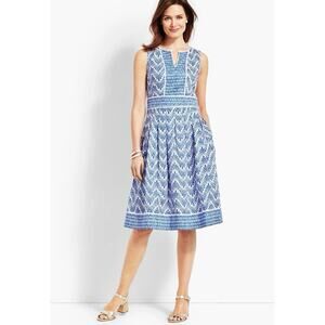 Talbots Geo Mixed-Print Fit-and-Flare Dress Round Split Neck Sleeveless Sz 16